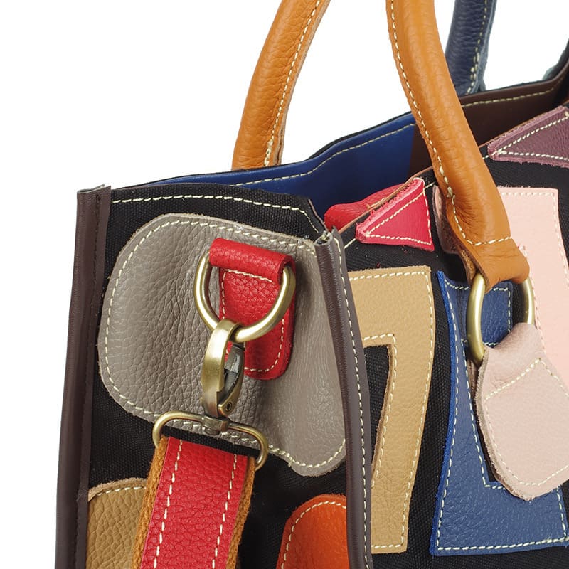 Damen Handtasche bunt Umhängetasche Canvas mit Patchwork Leder modern