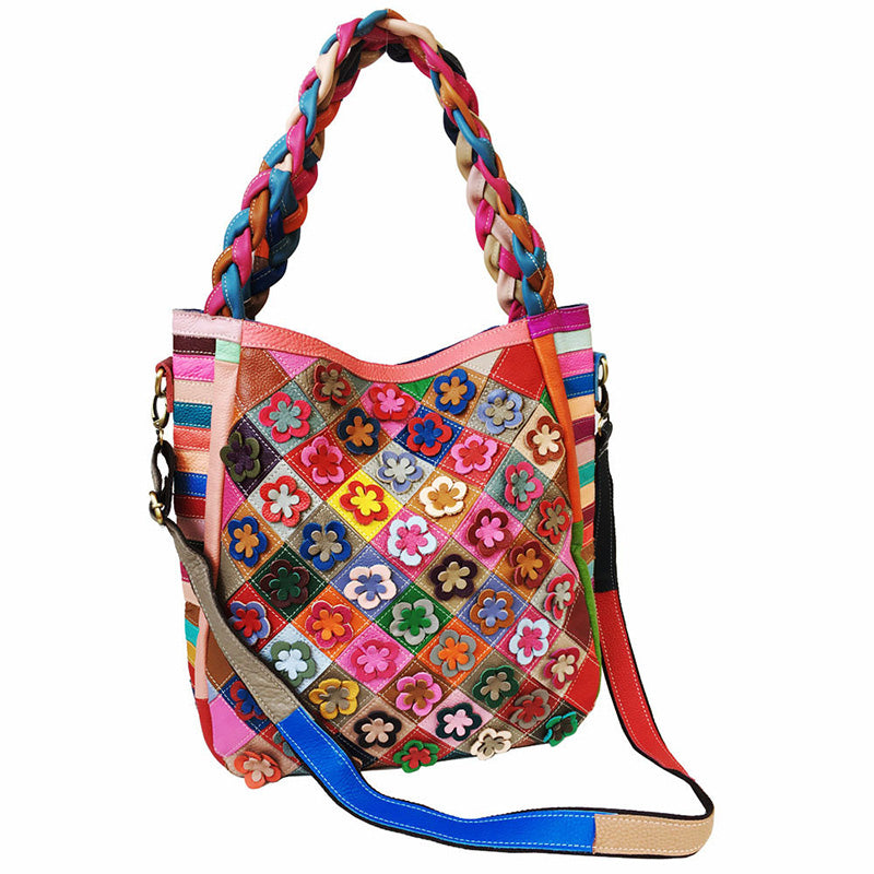 Damen Leder Umhängetasche bunt Tragetasche Patchwork