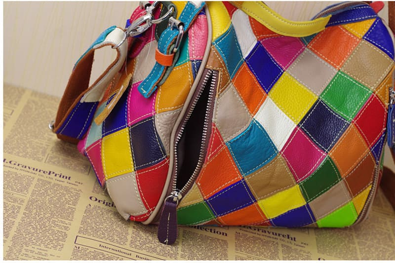 bunte Handtasche Damen Leder Umhängetasche kariert Schultertasche schwarz weiß Patchwork Ledertasche