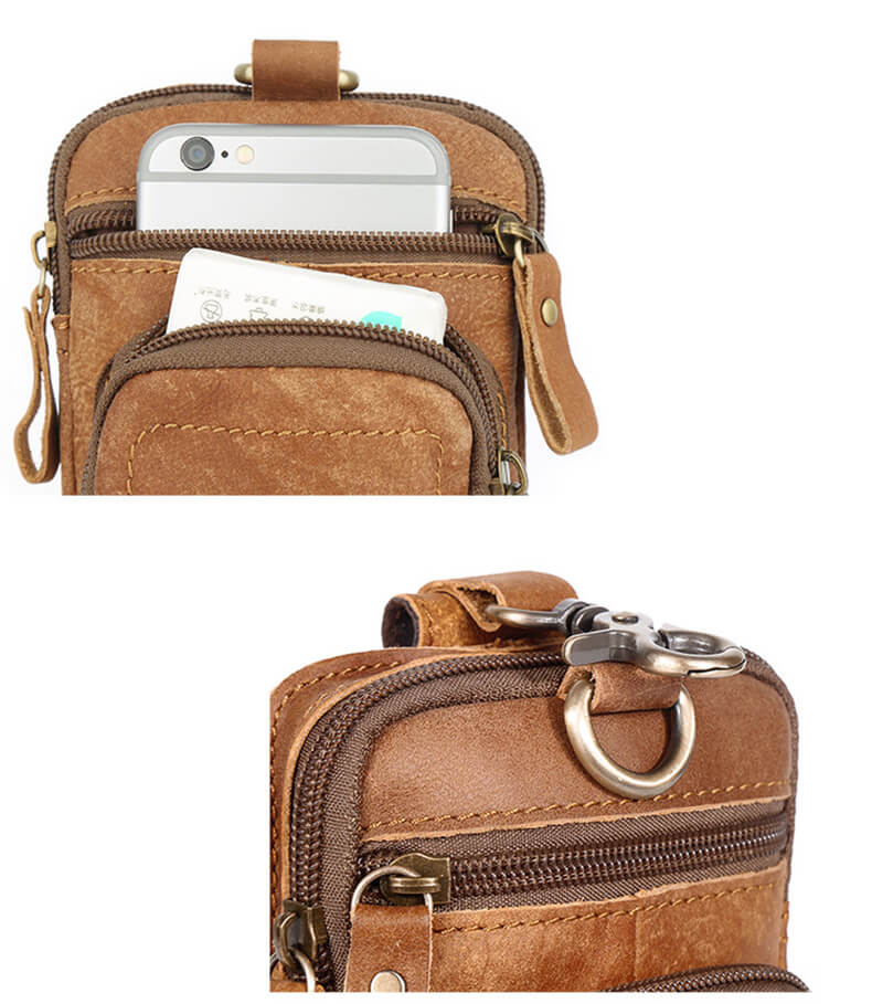 Outdoor Gürteltasche Leder Hüfttasche für Handy mit Reißverschluss