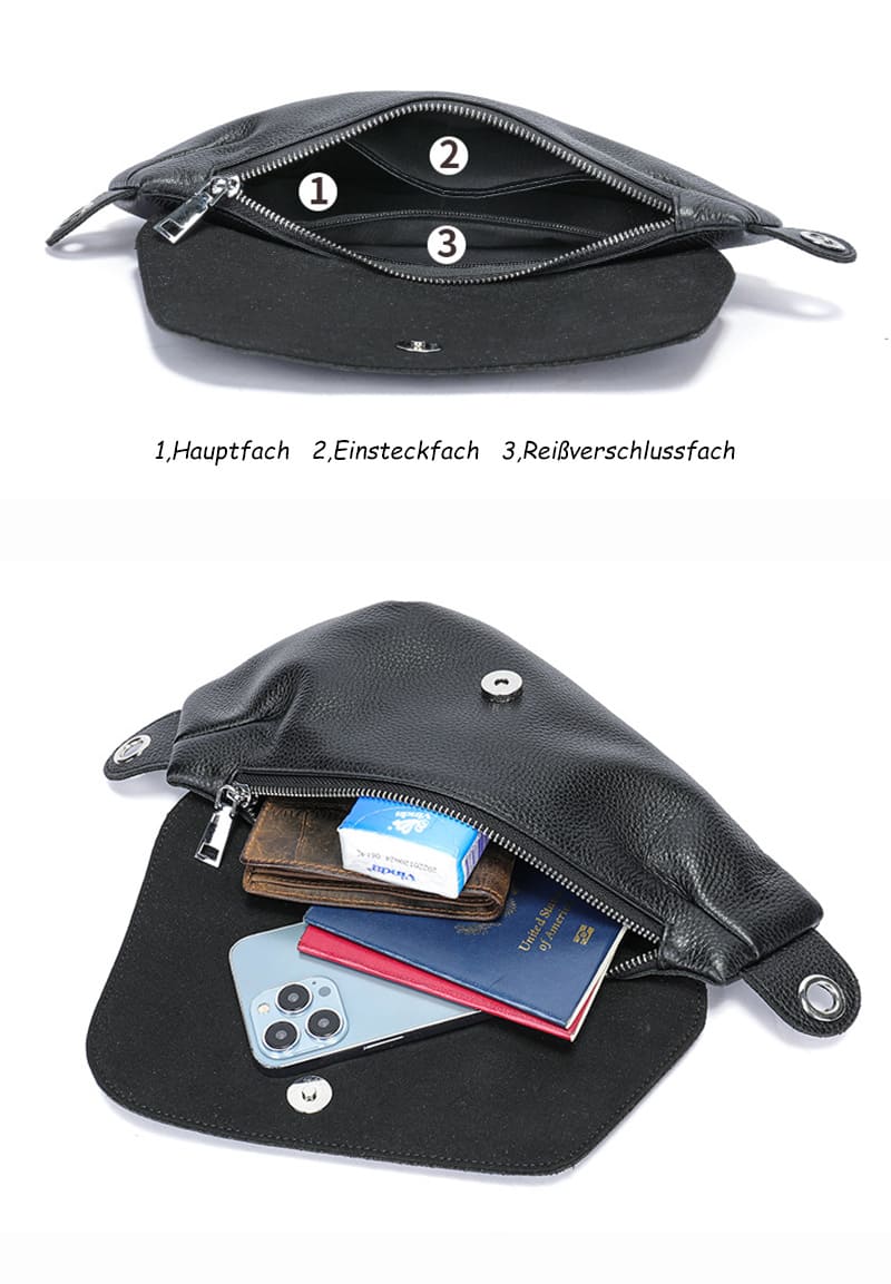 Brusttasche Damen Leder schwarz Rucksack mit 1 Gurt Brustbeutel