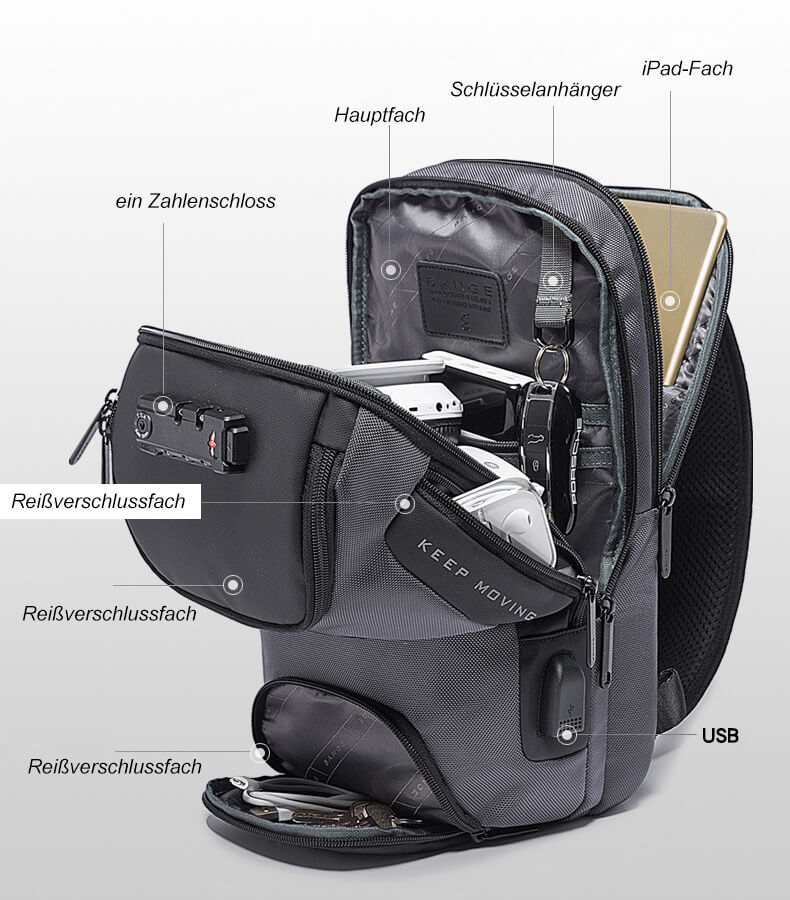 Brusttasche aus Oxford Brustbeutel Herren mit Zahlenschloss Rucksack mit 1 Riemen