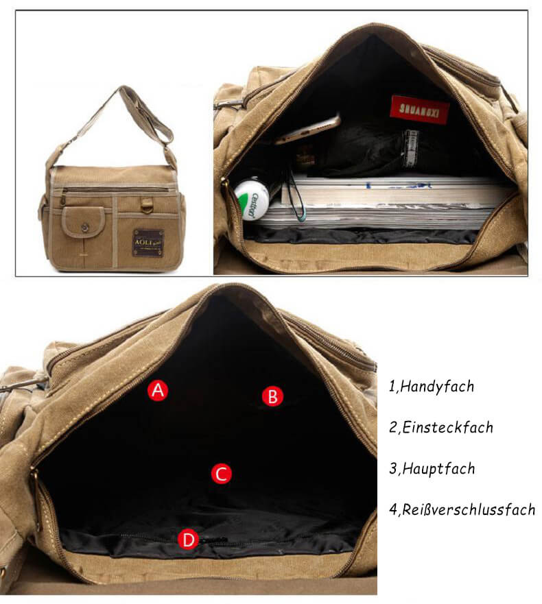 Canvas Umhängetasche Herren Segeltuchtasche Vintage mit vielen Fächern