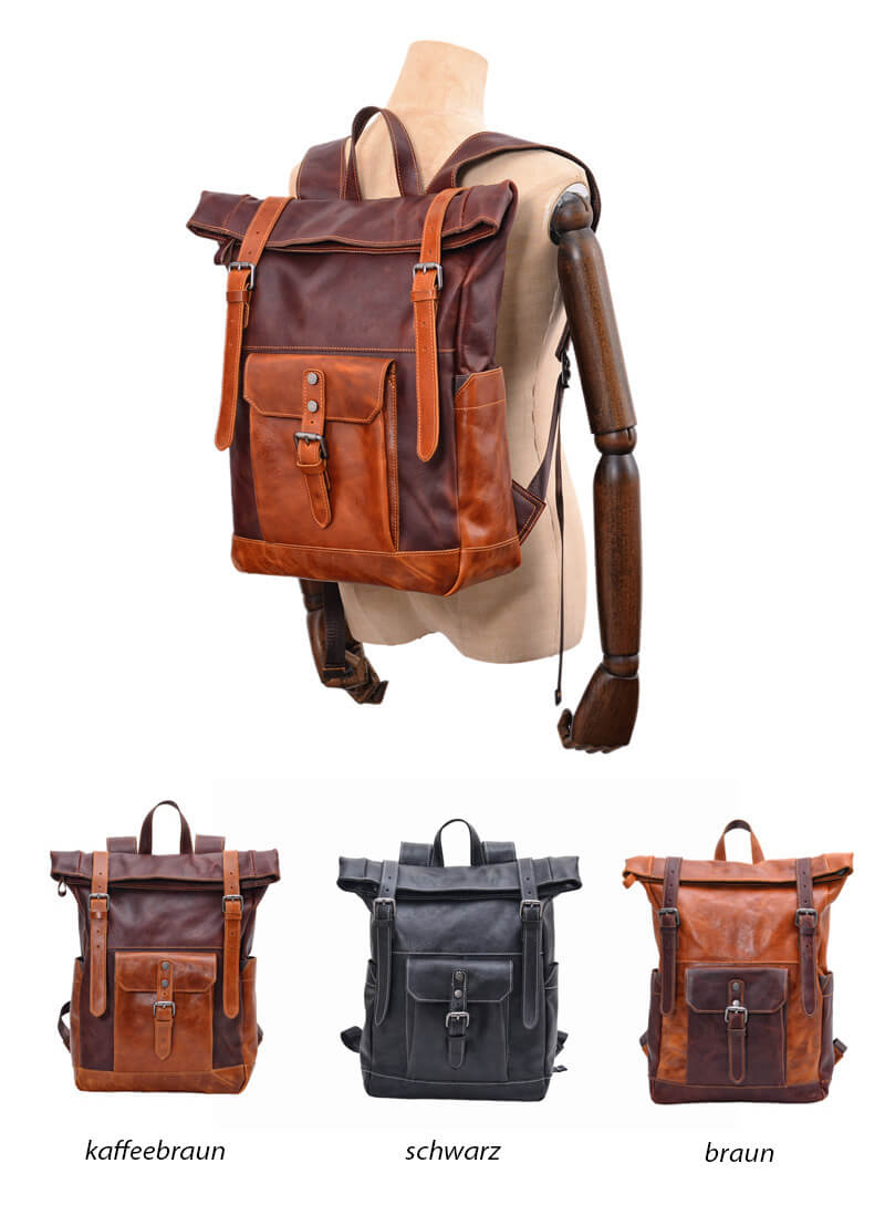 Vintage Rucksack Herren Leder Rolltop mit Laptopfach
