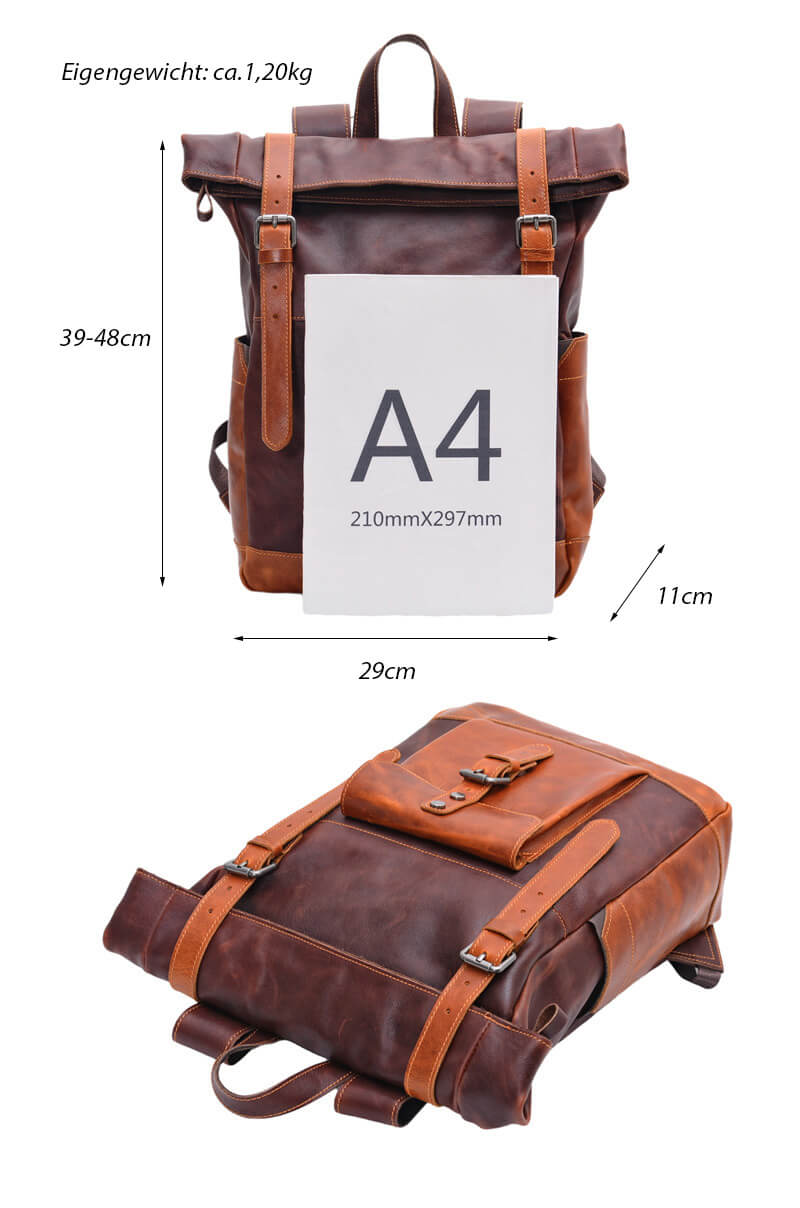 Vintage Rucksack Herren Leder Rolltop mit Laptopfach