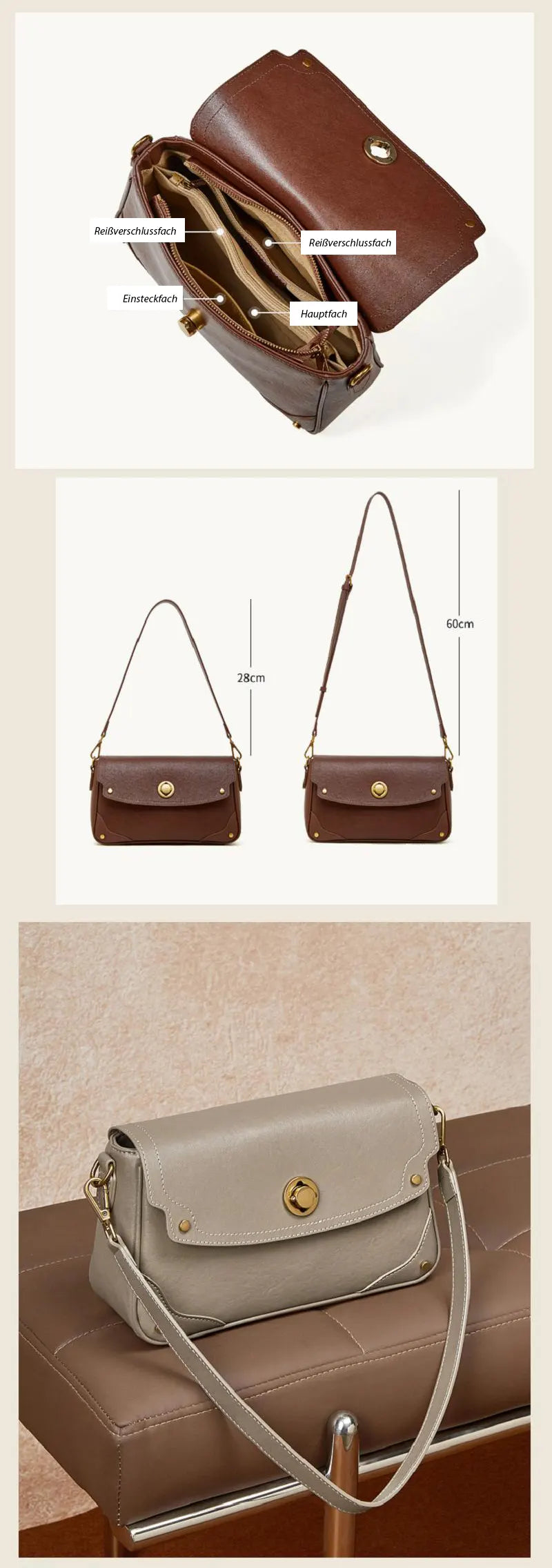 moderne Damen Schultertasche Leder Umhängetasche mit 2 Riemen