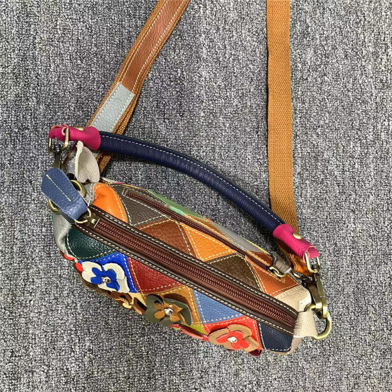 Damen Handtasche Patchwork Schultertasche Leder bunt mit Blumen