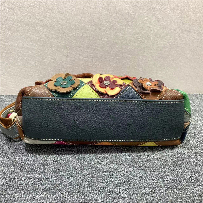 Damen Handtasche Patchwork Schultertasche Leder bunt mit Blumen