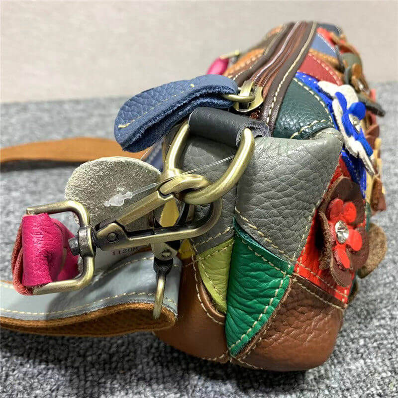 Damen Handtasche Patchwork Schultertasche Leder bunt mit Blumen