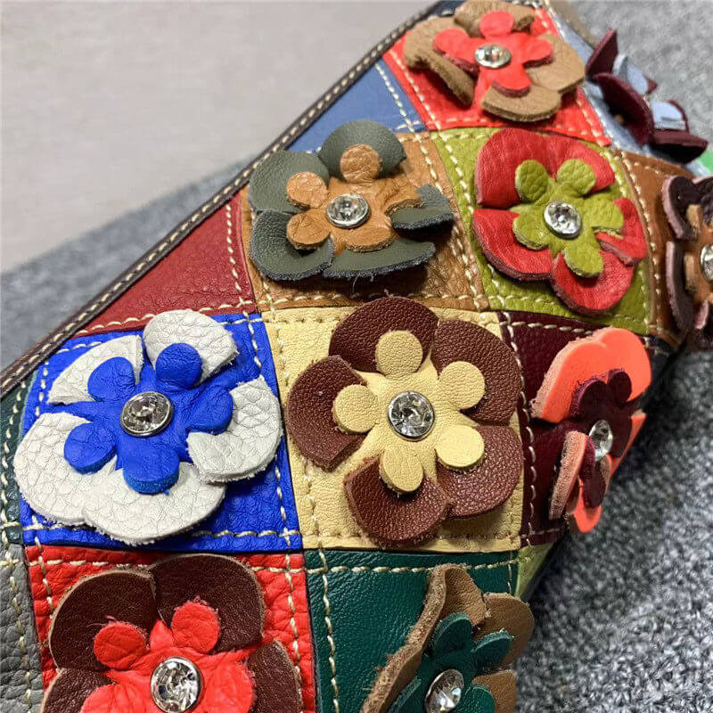 Damen Handtasche Patchwork Schultertasche Leder bunt mit Blumen