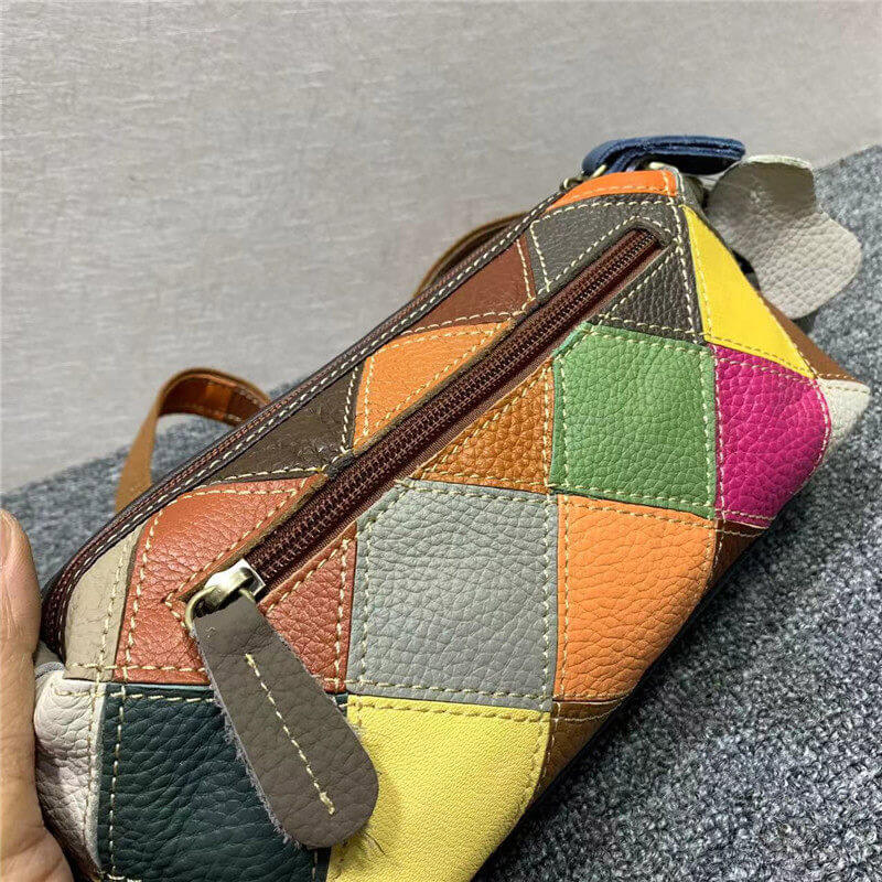 Damen Handtasche Patchwork Schultertasche Leder bunt mit Blumen