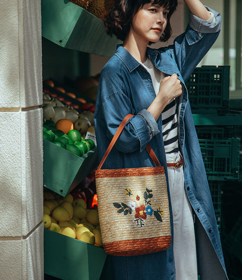 geflochtene Strohtasche Damen mit Blumen Handtasche Landhausstil für Urlaub