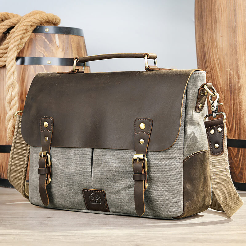Herren Aktentasche Canvas und Leder Businesstasche Vintage Handtasche für Arbeit