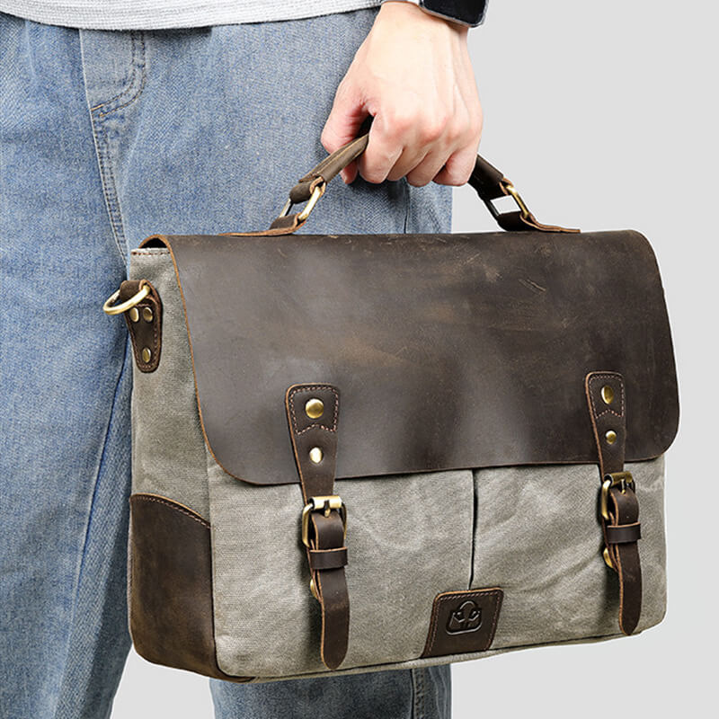 Herren Aktentasche Canvas und Leder Businesstasche Vintage Handtasche für Arbeit