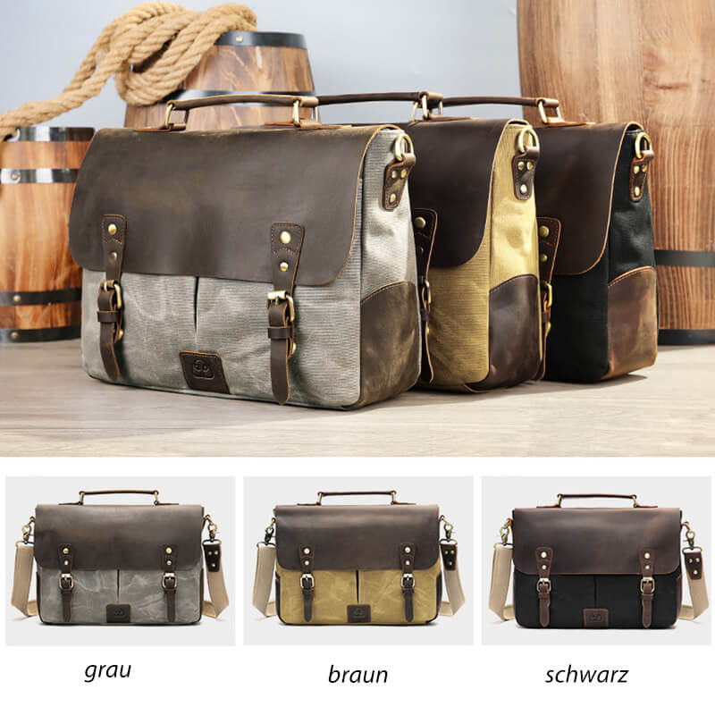 Herren Aktentasche Canvas und Leder Businesstasche Vintage Handtasche für Arbeit