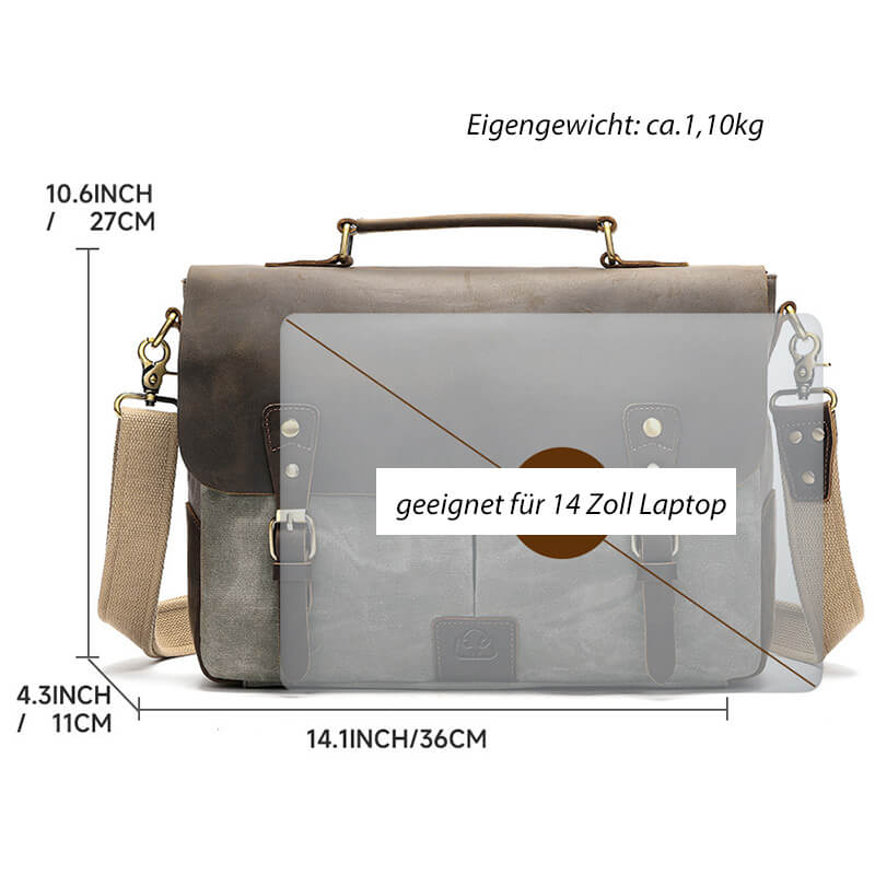 Herren Aktentasche Canvas und Leder Businesstasche Vintage Handtasche für Arbeit