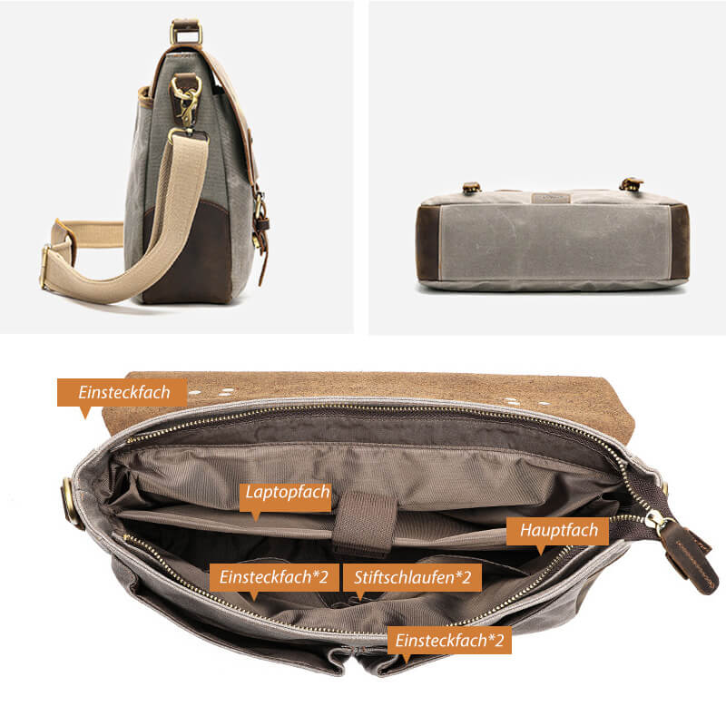 Herren Aktentasche Canvas und Leder Businesstasche Vintage Handtasche für Arbeit