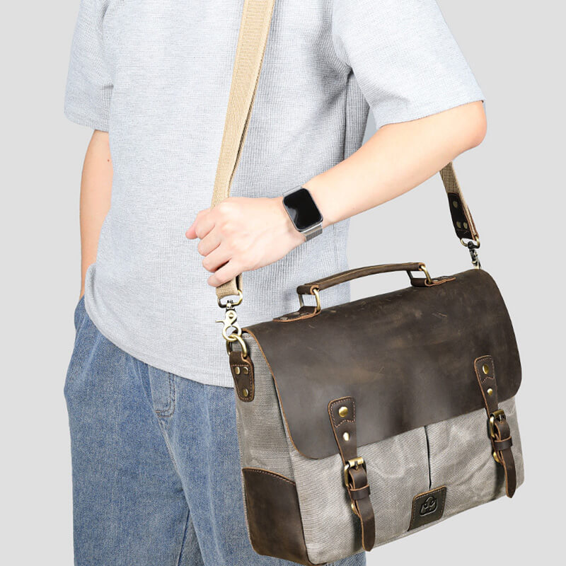 Herren Aktentasche Canvas und Leder Businesstasche Vintage Handtasche für Arbeit