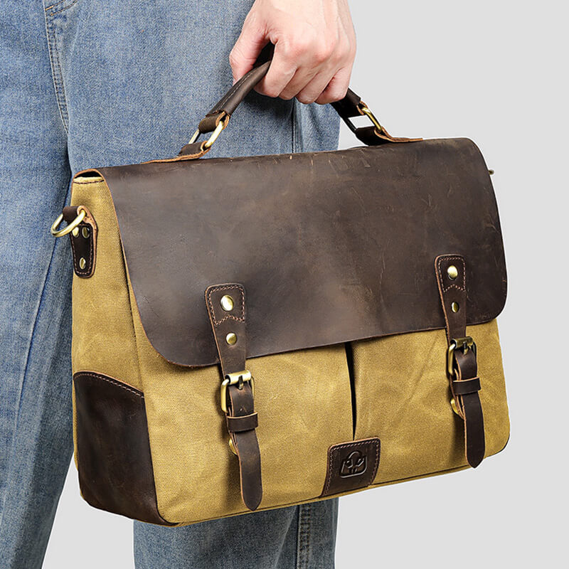 Herren Aktentasche Canvas und Leder Businesstasche Vintage Handtasche für Arbeit