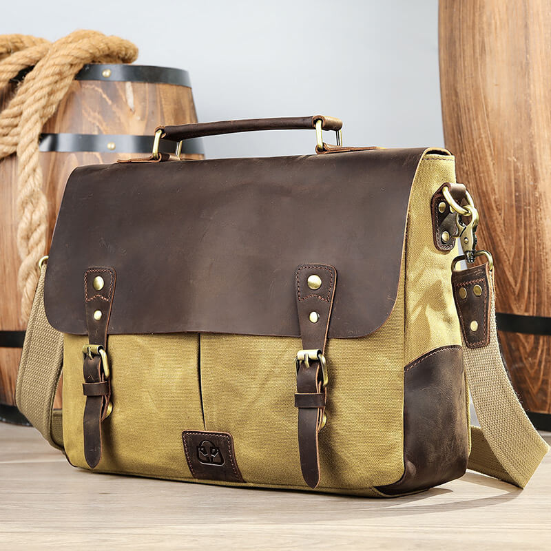 Herren Aktentasche Canvas und Leder Businesstasche Vintage Handtasche für Arbeit