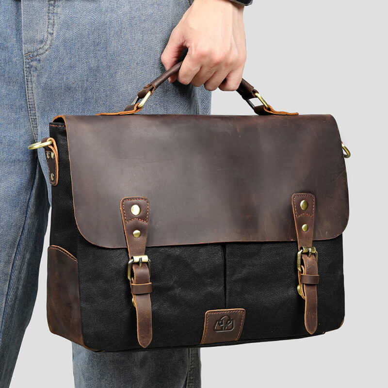 Herren Aktentasche Canvas und Leder Businesstasche Vintage Handtasche für Arbeit