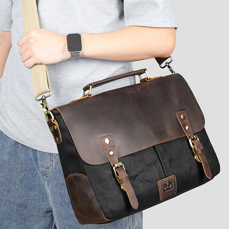 Herren Aktentasche Canvas und Leder Businesstasche Vintage Handtasche für Arbeit