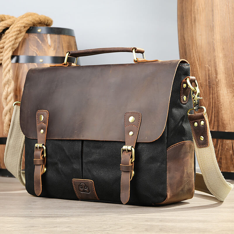 Herren Aktentasche Canvas und Leder Businesstasche Vintage Handtasche für Arbeit
