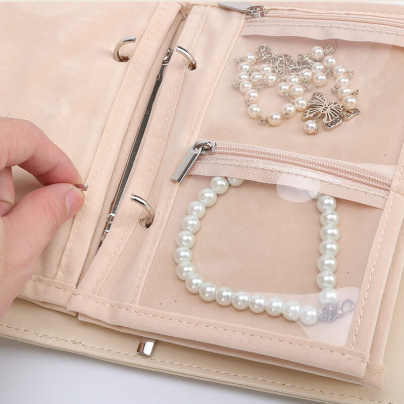 Damen Schmucktasche Leder zur Aufbewahrung von Schmuck mit Reißverschluss mehreren aufklappbaren Seiten
