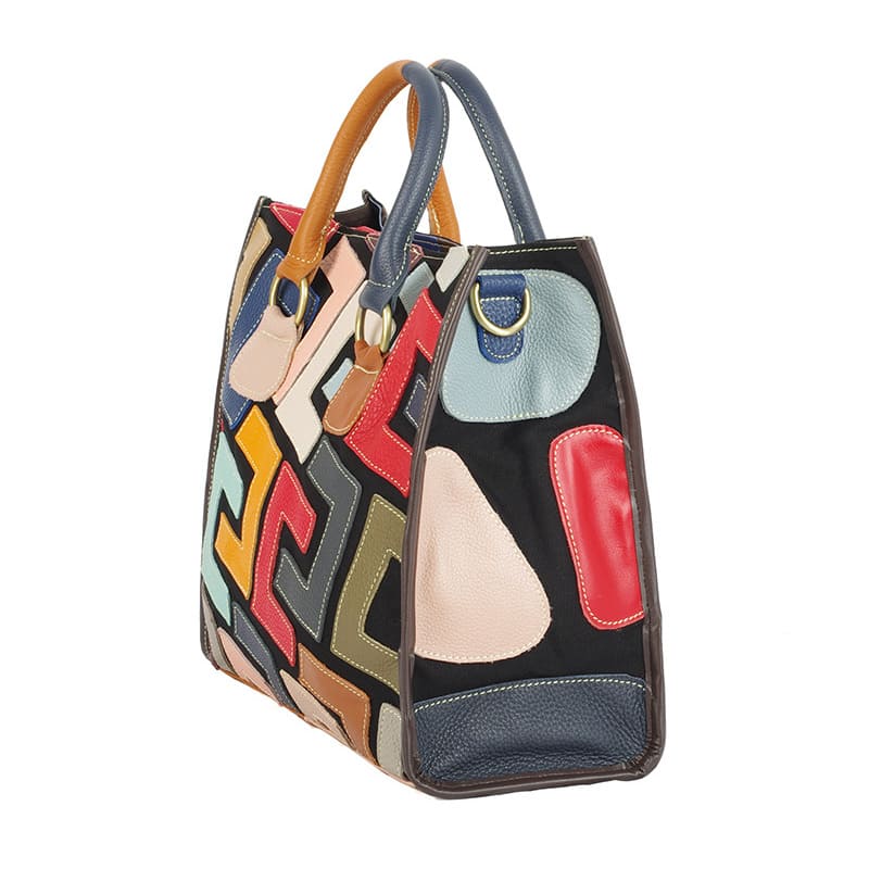 Damen Handtasche bunt Umhängetasche Canvas mit Patchwork Leder modern