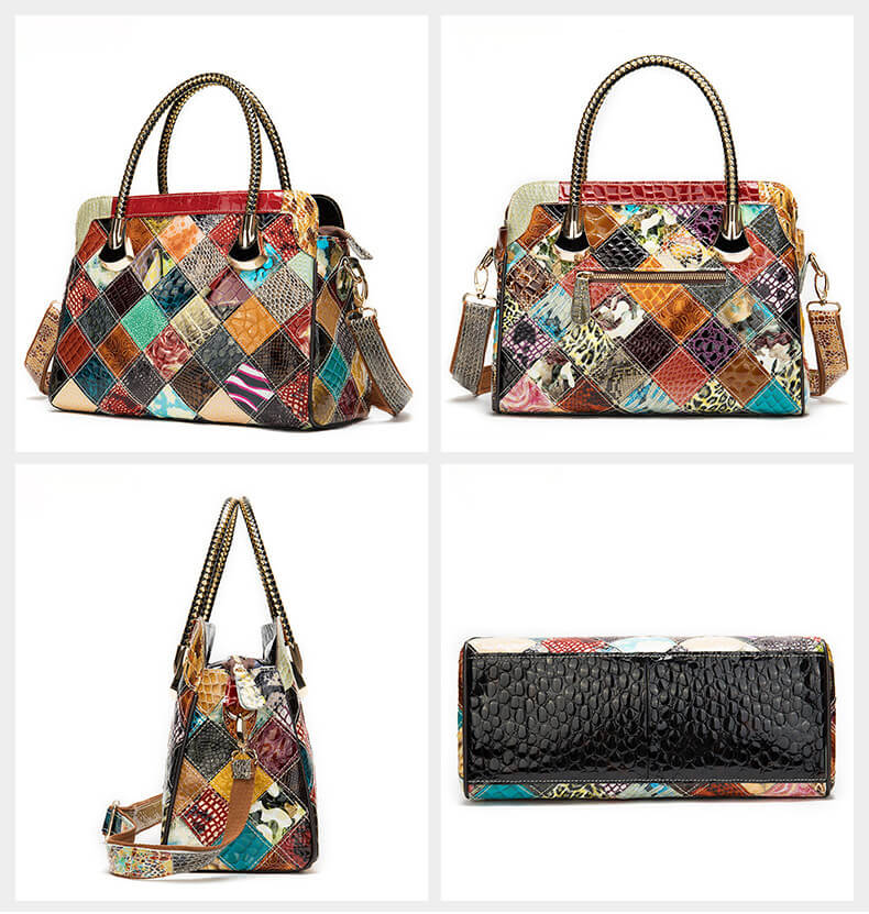 Damen Patchwork Handtasche bunt mit Lackleder zum Umhängen