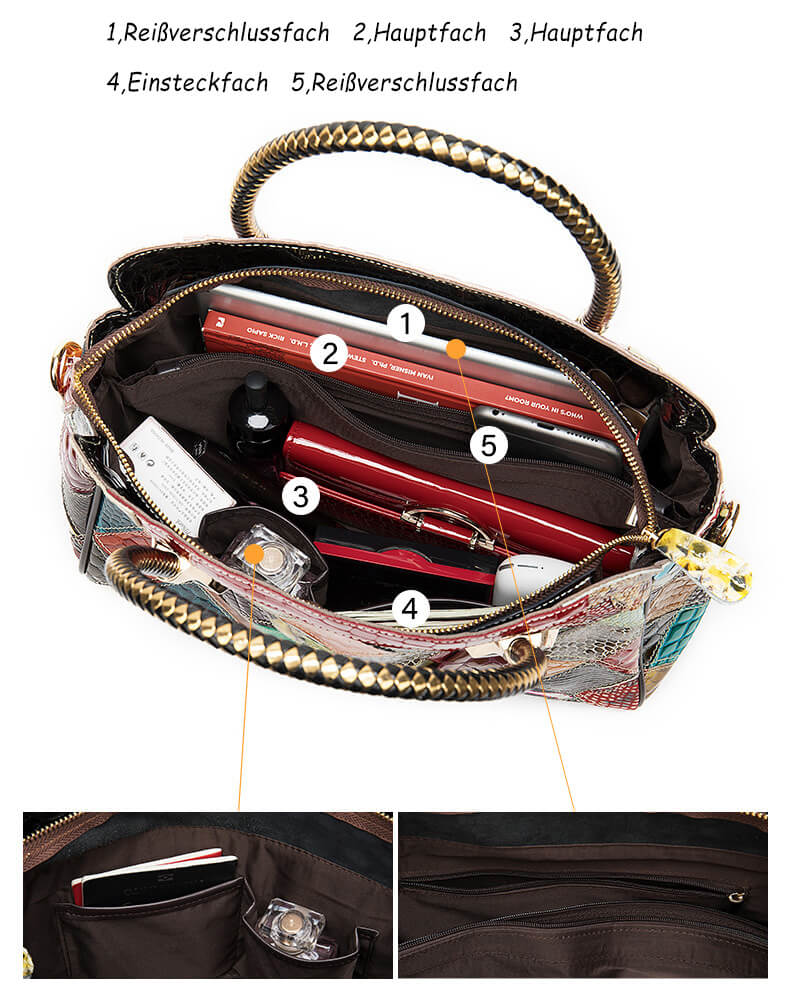 Damen Patchwork Handtasche bunt mit Lackleder zum Umhängen