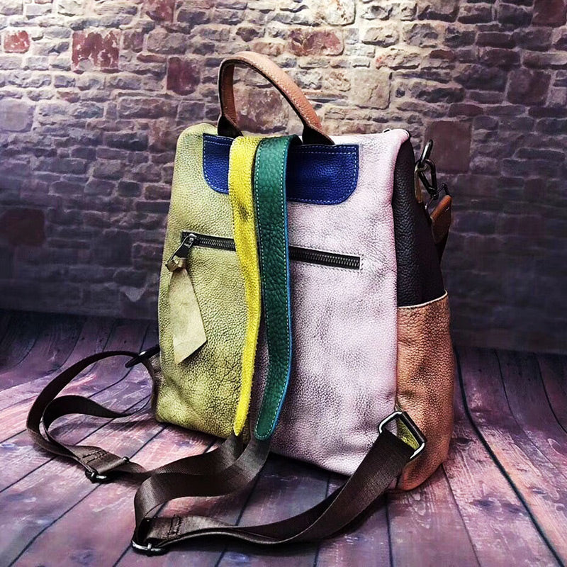 Damen Rucksack bunt Leder Patchwork Schultertasche 2 in 1 für Alltag