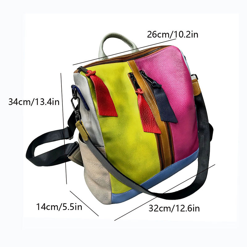 Damen Rucksack bunt Leder Patchwork Schultertasche 2 in 1 für Alltag