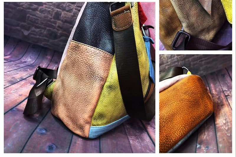 Damen Rucksack bunt Leder Patchwork Schultertasche 2 in 1 für Alltag