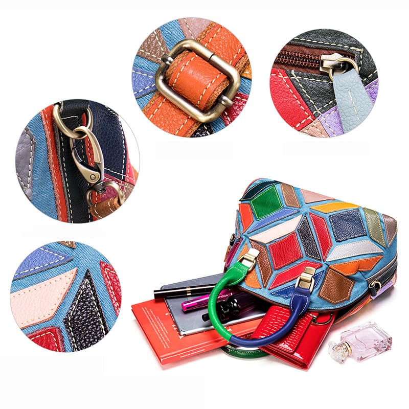 Damen bunte Handtasche Umhängetasche Canvas und Leder klein