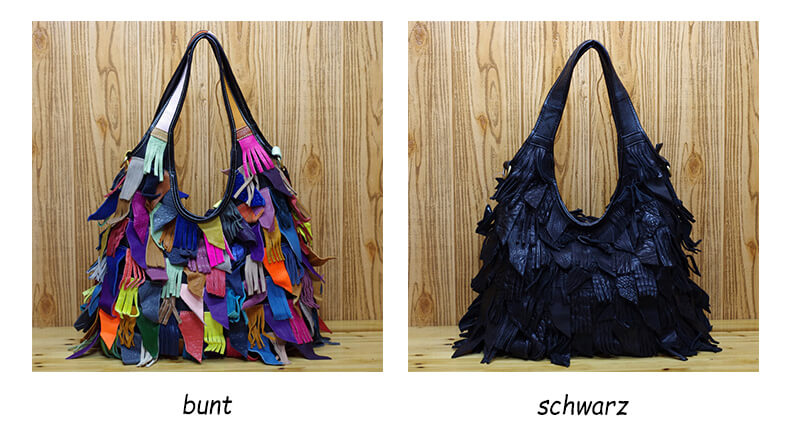 Damen große Handtasche Leder mit Quasten Schultertasche Umhängetasche Bunt und schwarz