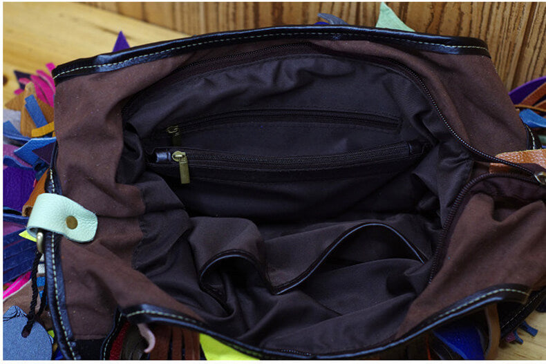 Damen große Handtasche Leder mit Quasten Schultertasche Umhängetasche Bunt und schwarz