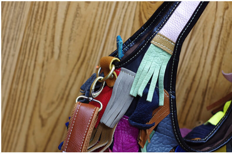 Damen große Handtasche Leder mit Quasten Schultertasche Umhängetasche Bunt und schwarz