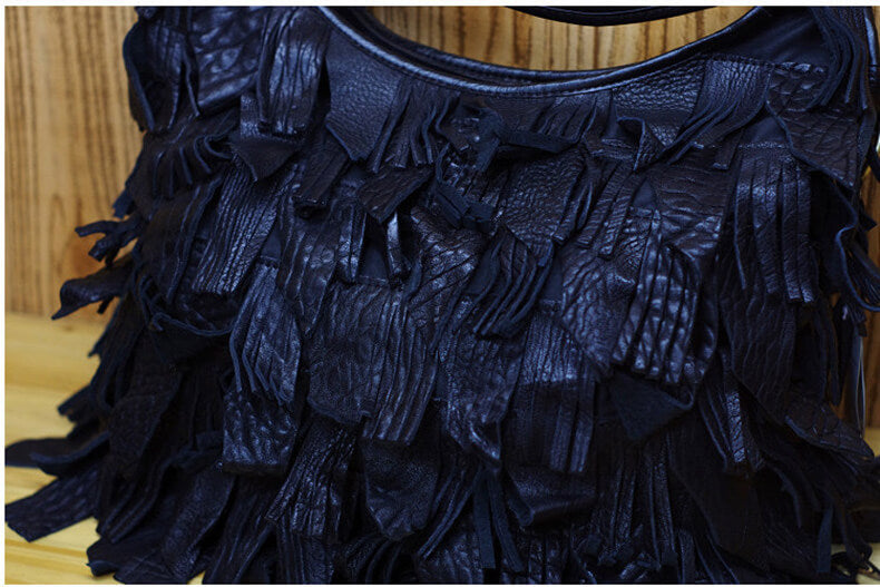 Damen große Handtasche Leder mit Quasten Schultertasche Umhängetasche Bunt und schwarz