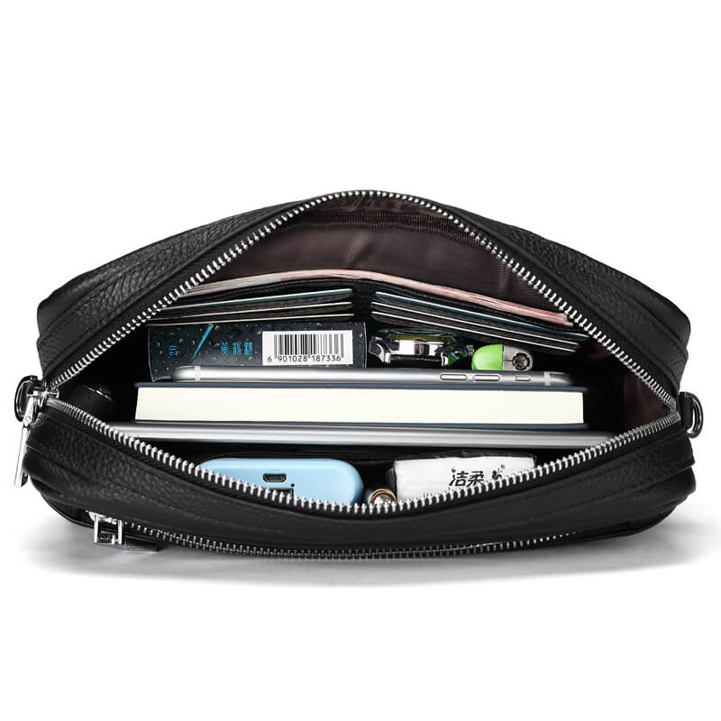 Herren Clutch Leder schwarz mit Handgelenkgurt Umhängetasche klein mit Kartenfächern