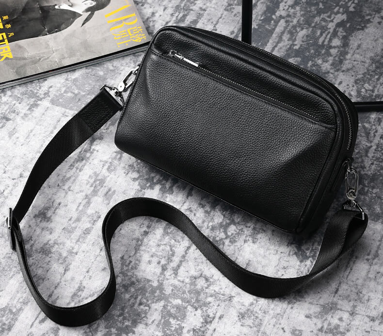 Herren Clutch Leder schwarz mit Handgelenkgurt Umhängetasche klein mit Kartenfächern