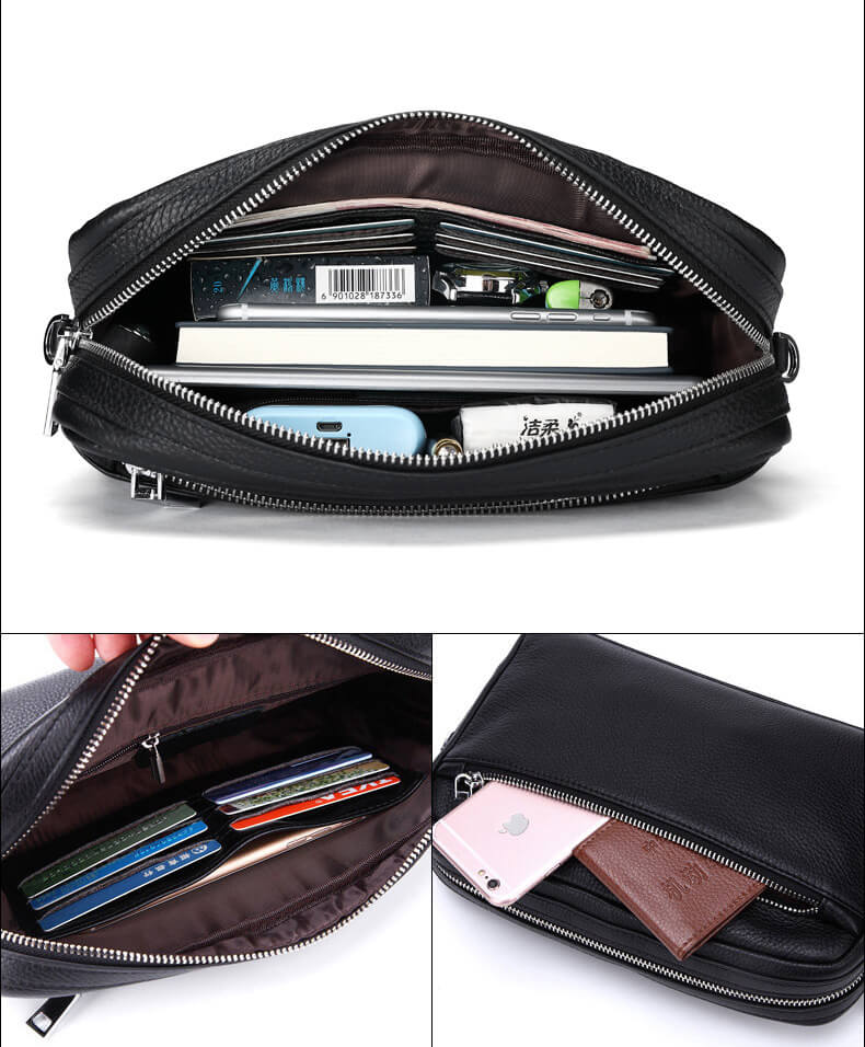 Herren Clutch Leder schwarz mit Handgelenkgurt Umhängetasche klein mit Kartenfächern