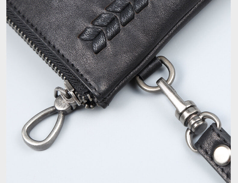 Herren Leder Clutch schwarz für Alltag Handtasche mit Handgelenkgurt