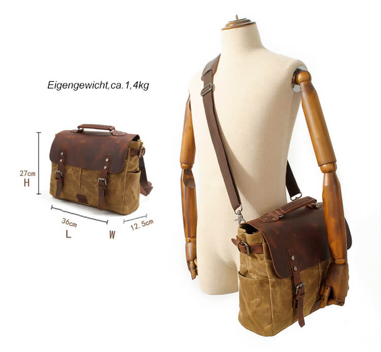 Herren Umhängetasche für Männer Motorrad Kuriertasche gewachstes Canvas mit Laptopfach