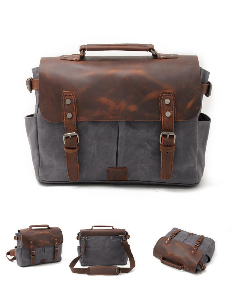Herren Umhängetasche für Männer Motorrad Kuriertasche gewachstes Canvas mit Laptopfach