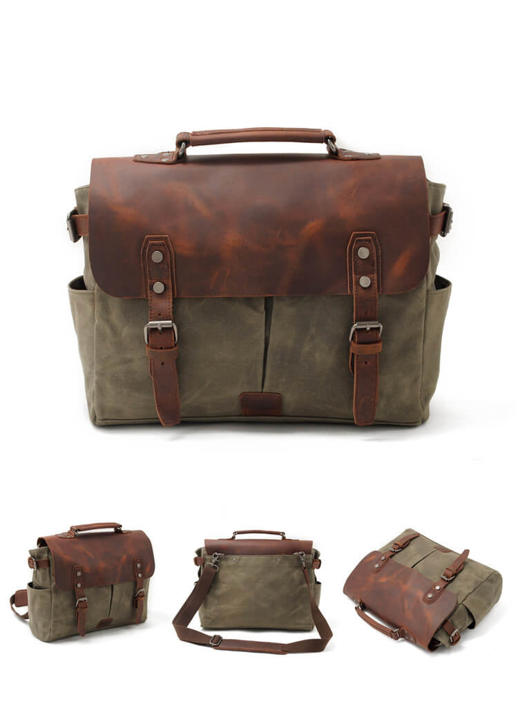 Herren Umhängetasche für Männer Motorrad Kuriertasche gewachstes Canvas mit Laptopfach