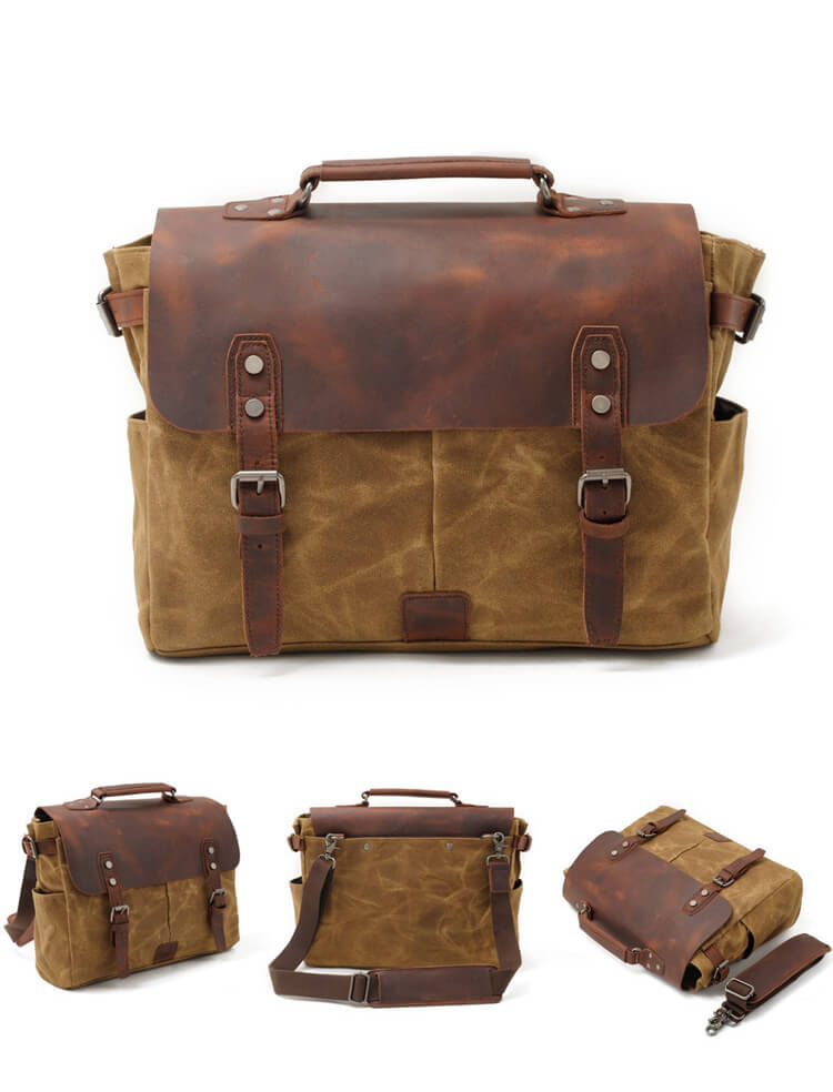 Herren Umhängetasche für Männer Motorrad Kuriertasche gewachstes Canvas mit Laptopfach
