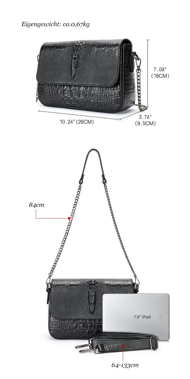 Leder Damen Umhängetasche Schultertasche schwarz Krokodil Muster Kette