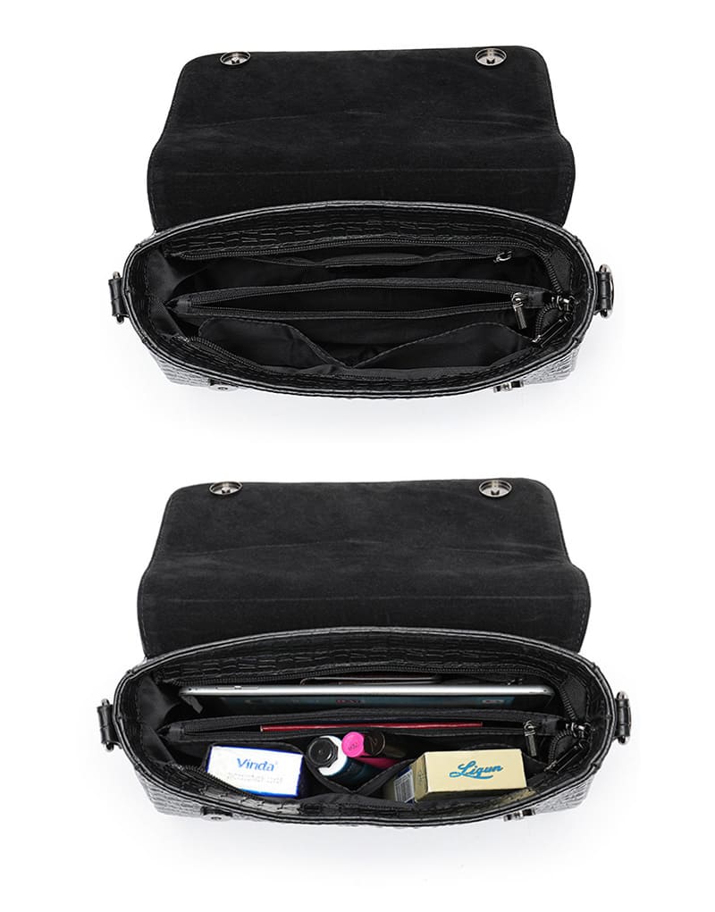 Leder Damen Umhängetasche Schultertasche schwarz Krokodil Muster Kette