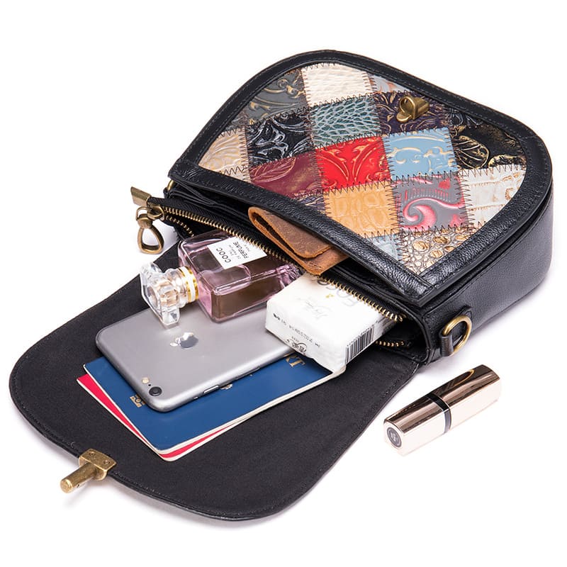 kleine bunte Umhängetasche Damen Patchwork Leder mit breitem Gurt